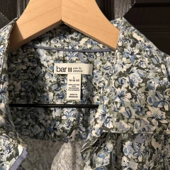 NWT Mens Bar III Long Sleeve Button Down Blue Floral Pattern Slim Fit - Picture 3 of 5